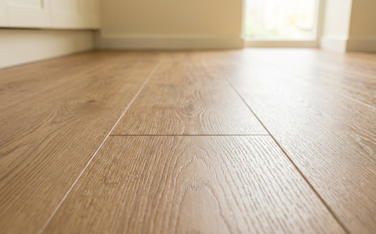 Close-up van een strak gelegde rechte PVC plank met natuurlijke houtnerf
