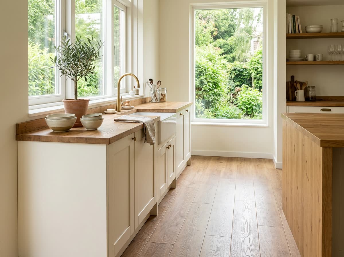 Lichte rechte PVC vloer in een moderne keuken