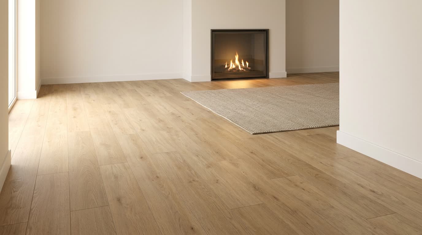 Woonkamer met ingefreesde vloerverwarming onder een PVC vloer