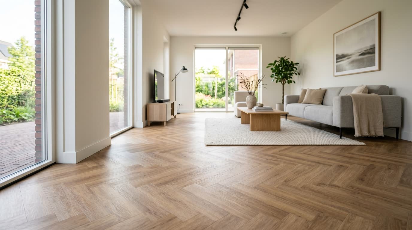 Strakke plak PVC vloer in een lichte woonkamer met grote raampartijen